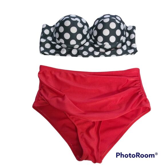 Retro Black White Polka Dot Red Ruched High Waisted Swimsuit  Bikini Set M - Picture 1 of 11